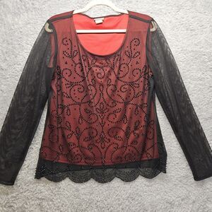 VTG Metaphor Women Black Red Sheer Blouse Large Studded Whimsigoth Punk Romantic
